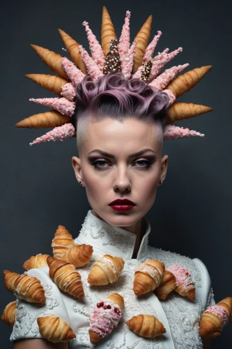croissants,girl with bread-and-butter,artificial hair integrations,pâtisserie,streampunk,pan dulce,pastries,woman holding pie,mohawk hairstyle,viennoiserie,mohawk,conceptual photography,bjork,sweet pastries,pastry chef,food styling,hairdressing,confiserie,ananas,confectioner,Photography,General,Fantasy