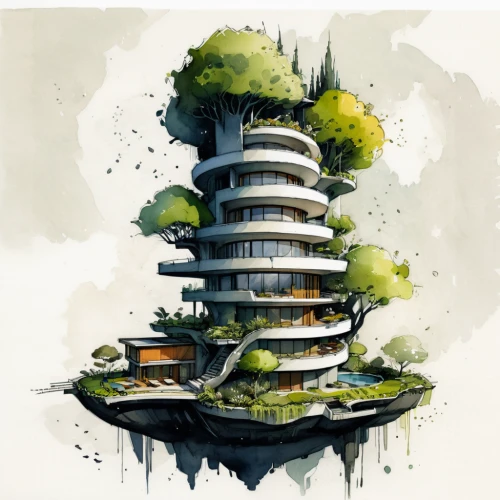 chinese architecture,asian architecture,pagoda,stone pagoda,japanese architecture,tree house,bonsai,floating island,chinese art,mushroom landscape,animal tower,bonsai tree,floating islands,chinese temple,treehouse,futuristic architecture,chinese style,artificial island,tower fall,futuristic landscape,Illustration,Paper based,Paper Based 07