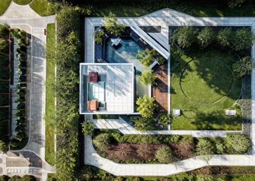 aerial view umbrella,pool house,view from above,from above,bird's-eye view,glass roof,roof landscape,villa,garden elevation,japanese zen garden,garden design sydney,bird's eye view,large home,residential,cubic house,fibonacci,residential house,mirror house,infinity swimming pool,house in the forest,Landscape,Landscape design,Landscape Plan,Realistic