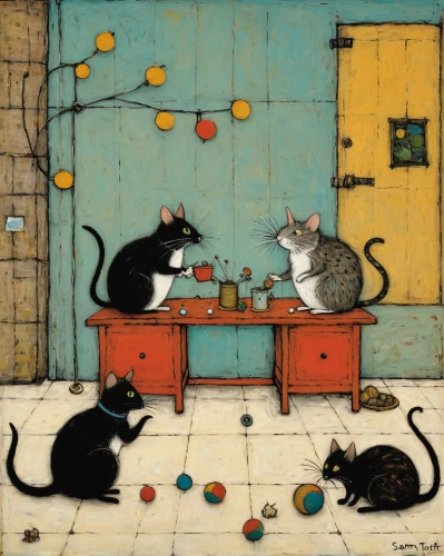 vintage cats,cats playing,vintage mice,cat's cafe,mousetrap,carol colman,whimsical animals,cat family,mice,cloves schwindl inge,cat lovers,cats,jigsaw puzzle,carol m highsmith,felines,tea party cat,orrery,cat and mouse,figaro,cat cartoon,Art,Artistic Painting,Artistic Painting 49