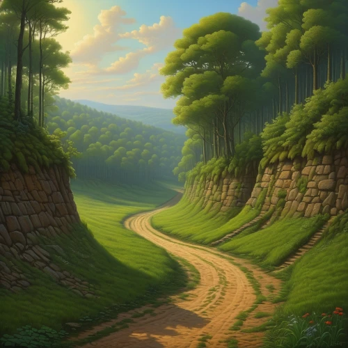 forest landscape,forest road,forest path,landscape background,pathway,mountain road,hiking path,cartoon video game background,rural landscape,forest background,green landscape,the mystical path,the road,green forest,nature landscape,the path,fantasy landscape,winding road,country road,world digital painting,Illustration,Realistic Fantasy,Realistic Fantasy 26
