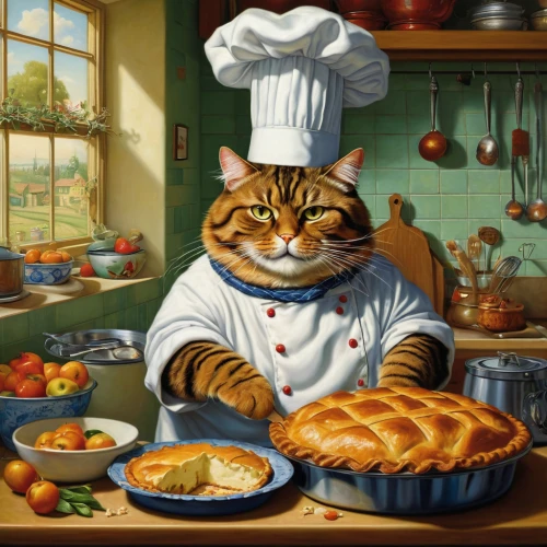 chef,pastiera,red tabby,pastry chef,cooking book cover,caterer,oktoberfest cats,étouffée,pastizz,knead,beef wellington,moussaka,cat image,culinary art,cuisine,steak pie,cookery,pie,cuisine classique,food and cooking,Illustration,Realistic Fantasy,Realistic Fantasy 22