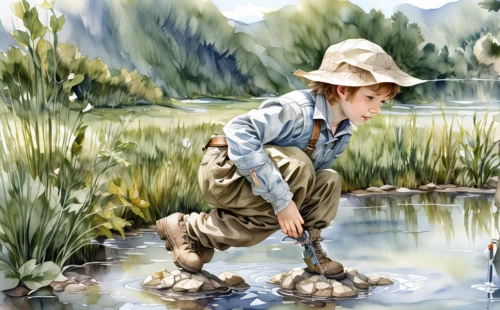 girl picking flowers,fly fishing,mountain spring,trout breeding,fishing classes,woman at the well,fishing,fisherman,child playing,girl on the river,girl and boy outdoor,wading,book illustration,countrygirl,version john the fisherman,farmer,the blonde in the river,kids illustration,watercolor background,water colors