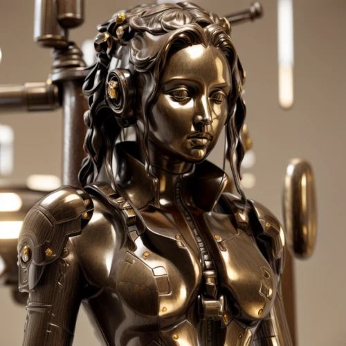 c-3po,cybernetics,scrap sculpture,metal figure,bronze sculpture,droid,biomechanical,decorative figure,humanoid,woman sculpture,cinema 4d,droids,robotic,bronze figure,steel sculpture,ai,3d model,industrial robot,yellow-gold,statuette