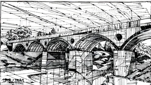 tied-arch bridge,beam bridge,frame drawing,aqueduct,arch bridge,escher,viaduct,dragon bridge,mono-line line art,stone arch,sweeping viaduct,sant'angelo bridge,bridge arch,bridges,canal tunnel,crosshatch,structural glass,bridge new europe,cross-section,overpass,Design Sketch,Design Sketch,None