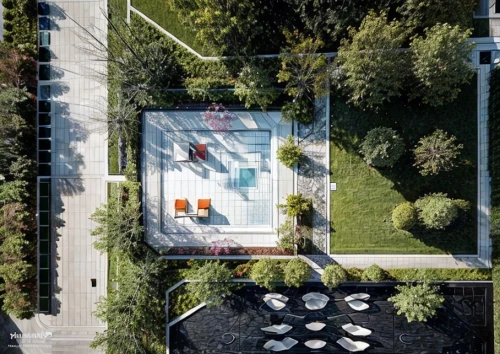 outdoor pool,paved square,glass facade,mirror house,aerial view umbrella,glass building,swimming pool,aqua studio,view from above,residential,urban design,glass roof,bird's-eye view,cubic house,urban park,roof top pool,courtyard,pool house,overhead view,overhead shot,Landscape,Landscape design,Landscape Plan,Realistic