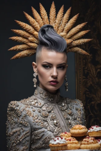 artificial hair integrations,mohawk hairstyle,mohawk,woman holding pie,food styling,headdress,headpiece,pompadour,cynara,management of hair loss,feather headdress,miss circassian,thirteen desserts,gold foil crown,brigadeiros,indian headdress,pastry chef,crowned goura,ananas,pineapple sprocket,Photography,General,Fantasy