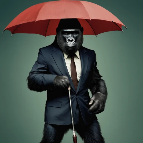 gorilla,man with umbrella,kong,primate,ape,chimpanzee,chimp,suit actor,great apes,a black man on a suit,the monkey,silverback,war monkey,king kong,monkeys band,african businessman,gorilla soldier,monkey soldier,orangutan,guerrilla,Photography,Documentary Photography,Documentary Photography 06