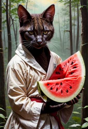 watermelon painting,napoleon cat,watermelon background,cat portrait,pet portrait,wild emperor,felidae,animal feline,melon,watermelons,watermelon,cat image,watermelon wallpaper,red papaya,amurtiger,anthropomorphized animals,cat warrior,cat sparrow,photomanipulation,cat