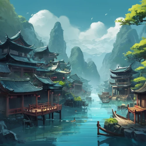 fantasy landscape,chinese background,oriental,ancient city,chinese temple,world digital painting,yunnan,fishing village,chinese art,chinese architecture,landscape background,river landscape,japan landscape,asian architecture,forbidden palace,summer palace,chinese clouds,oriental painting,mid-autumn festival,dragon boat,Conceptual Art,Fantasy,Fantasy 02