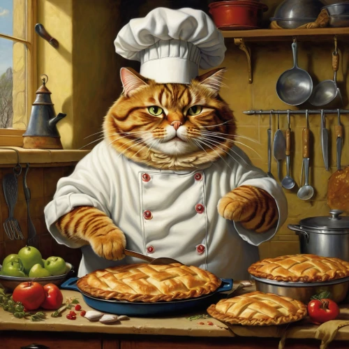 caterer,red tabby,chef,cooking book cover,étouffée,pastiera,pastry chef,napoleon cat,knead,tea party cat,blini,domestic cat,cookery,oktoberfest cats,cat european,cat image,cuisine,cuisine classique,moussaka,cook,Illustration,Realistic Fantasy,Realistic Fantasy 22