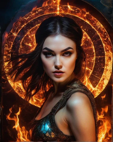 fire background,katniss,rosa ' amber cover,fire siren,fire angel,fantasy portrait,fire artist,symetra,fantasy art,fire ring,sorceress,world digital painting,fire heart,zodiac sign libra,fantasy picture,diya,fiery,zodiac sign leo,runes,fire eyes,Illustration,Realistic Fantasy,Realistic Fantasy 10