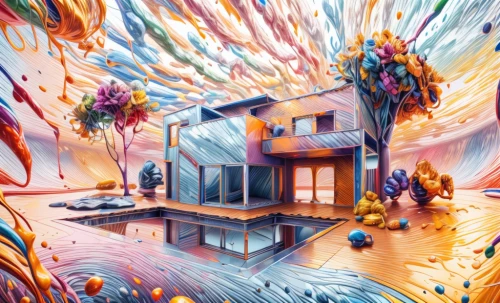 psychedelic art,house painting,world digital painting,home landscape,real-estate,acid lake,colorful city,panoramical,lonely house,kaleidoscope,digital art,virtual landscape,3d fantasy,digital artwork,apartment house,kaleidoscopic,kaleidoscope art,illusion,lsd,distorted