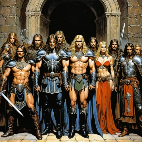 heroic fantasy,biblical narrative characters,dwarves,he-man,massively multiplayer online role-playing game,swordsmen,warriors,guards of the canyon,middle ages,carpathian,fantasy art,personages,gauntlet,dwarfs,the middle ages,germanic tribes,vikings,gladiators,the men,heroes,Illustration,Retro,Retro 06