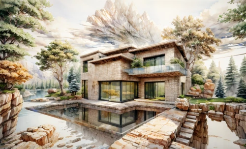 house in mountains,3d rendering,house in the mountains,modern house,luxury home,eco-construction,dunes house,house with lake,build by mirza golam pir,house in the forest,landscape design sydney,cubic house,home landscape,luxury property,render,the cabin in the mountains,pool house,house by the water,mid century house,beautiful home