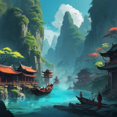 fantasy landscape,oriental,chinese temple,tigers nest,chinese background,world digital painting,fishing village,chinese art,ancient city,dragon boat,yunnan,river landscape,boat landscape,oriental painting,summer palace,chinese architecture,forbidden palace,japan landscape,asian architecture,water palace,Conceptual Art,Fantasy,Fantasy 02