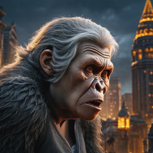 chimpanzee,king kong,silverback,baboon,neanderthal,common chimpanzee,kong,primate,ape,gorilla,macaque,digital compositing,the monkey,chimp,city ​​portrait,bale,great apes,neanderthals,sci fiction illustration,world digital painting,Photography,General,Fantasy