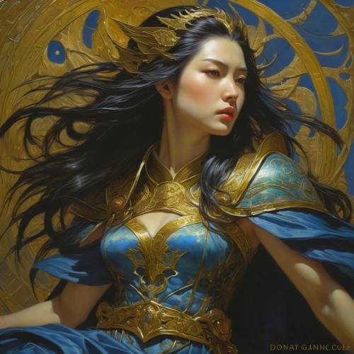 golden crown,gold filigree,fantasy portrait,golden wreath,golden dragon,heroic fantasy,gold leaf,blue enchantress,fantasy art,zodiac sign libra,gold crown,fantasy woman,golden unicorn,oriental princess,gold lacquer,dark blue and gold,mulan,warrior woman,female warrior,artemisia,Illustration,Realistic Fantasy,Realistic Fantasy 03