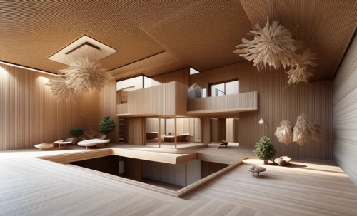 wooden sauna,japanese architecture,3d rendering,timber house,japanese-style room,wooden house,render,wooden roof,archidaily,cubic house,interior modern design,dunes house,ryokan,asian architecture,wooden beams,plywood,wooden floor,wooden construction,sauna,patterned wood decoration