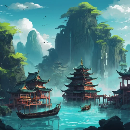 fantasy landscape,ancient city,oriental,chinese temple,chinese background,fishing village,floating islands,bird kingdom,landscape background,chinese architecture,asian architecture,world digital painting,chinese art,japan landscape,floating huts,underwater oasis,water palace,water lotus,teal blue asia,chinese clouds,Conceptual Art,Fantasy,Fantasy 02