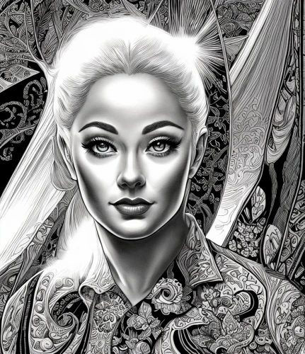 the snow queen,fantasy portrait,white rose snow queen,fantasy art,heroic fantasy,fantasy woman,baroque angel,gothic portrait,sorceress,the enchantress,fairy tale character,elven,sci fiction illustration,suit of the snow maiden,faerie,elsa,filigree,white lady,eglantine,queen of the night,Art sketch,Art sketch,Fine Decoration