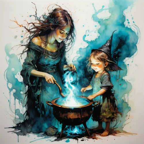 cauldron,witches,capricorn mother and child,candy cauldron,little girl and mother,candlemaker,celebration of witches,wishing well,the witch,children's fairy tale,children's stove,potter's wheel,potions,dwarf cookin,divination,fire bowl,spell,witch,summoner,alchemy,Illustration,Paper based,Paper Based 13