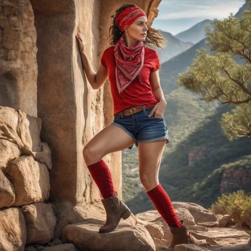 women climber,red tunic,hiking socks,pippi longstocking,lindsey stirling,digital compositing,bright angel trail,wonderwoman,red hat,free solo climbing,mountain guide,wearables,hiker,majorette (dancer),red skin,red socks,red cap,rockclimbing,sports uniform,hiking equipment,Photography,General,Natural