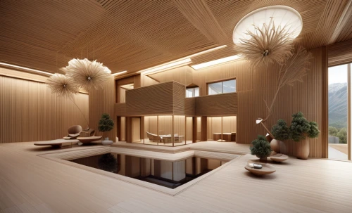 luxury bathroom,wooden sauna,japanese-style room,3d rendering,bamboo curtain,interior modern design,ryokan,japanese architecture,spa,bamboo plants,luxury home interior,wooden roof,spa items,timber house,health spa,render,beauty room,sauna,day spa,asian architecture