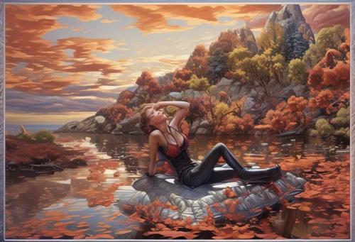 autumn background,autumn icon,autumn frame,autumn theme,fantasy picture,autumn idyll,album cover,cd cover,autumn scenery,autumn mountains,red cliff,background with stones,kayaker,autumn landscape,one autumn afternoon,landscape background,world digital painting,perched on a log,rock fishing,spiderman