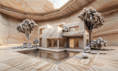 marble palace,3d rendering,stone desert,cubic house,dunes house,floor fountain,3d render,render,king abdullah i mosque,virtual landscape,3d rendered,mandelbulb,dubai desert,egyptian temple,3d fantasy,rough plaster,ancient house,concrete plant,futuristic art museum,archidaily