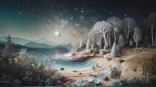 fantasy landscape,lunar landscape,fantasy picture,the night of kupala,northernlight,ice planet,celestial bodies,fairy world,fantasy art,aurora-falter,dreamland,moonscape,alien planet,northen light,phase of the moon,northen lights,the northern lights,planet eart,forest of dreams,dream world