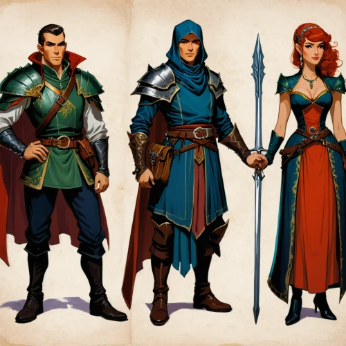 massively multiplayer online role-playing game,heroic fantasy,dwarves,aesulapian staff,elves,lancers,swordsmen,pathfinders,quarterstaff,assassins,advisors,clergy,swords,fairytale characters,dragon slayers,game characters,dwarfs,characters,guards of the canyon,middle ages,Illustration,Retro,Retro 04