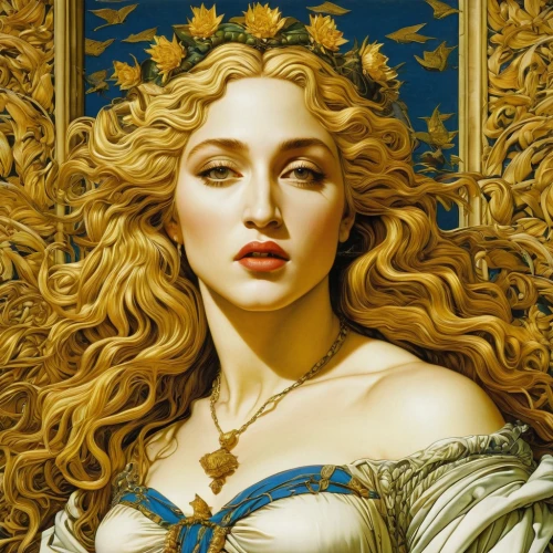 golden wreath,botticelli,golden haired,gold filigree,golden crown,aphrodite,mary-gold,gold stucco frame,jessamine,gold crown,laurel wreath,blonde woman,madonna,fantasy portrait,celtic queen,golden flowers,golden apple,gold foil art,cleopatra,gold lacquer,Conceptual Art,Daily,Daily 09