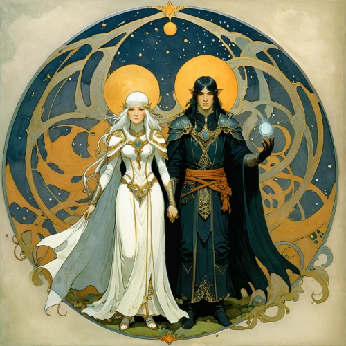 heroic fantasy,the order of the fields,fairy tale icons,sun and moon,vilgalys and moncalvo,fairytale characters,protectors,prince and princess,archimandrite,mother and father,husband and wife,eternal snow,fantasy picture,alliance,gothic portrait,cg artwork,lord who rings,fantasy art,fantasy portrait,clergy,Illustration,Retro,Retro 07