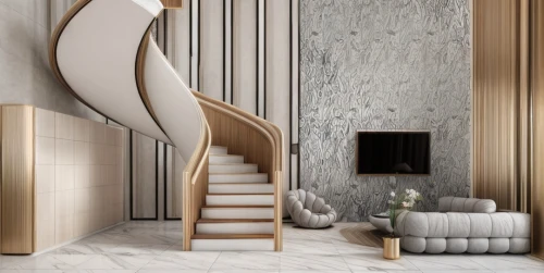 winding staircase,wooden stair railing,circular staircase,staircase,patterned wood decoration,wooden stairs,room divider,outside staircase,wall plaster,modern decor,contemporary decor,stair,spiral staircase,interior modern design,stairwell,interior decoration,spiral stairs,stairs,interior design,wall panel,Interior Design,Living room,Modern,Asian Modern Urban
