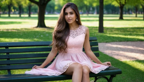 girl in a long dress,park bench,girl sitting,a girl in a dress,country dress,little girl in pink dress,romantic look,relaxed young girl,outdoor bench,pooja,woman sitting,girl in a long,wooden bench,doll dress,women fashion,in the park,photographic background,indian girl,girl in white dress,women clothes,Photography,General,Natural