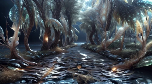 elven forest,flooded pathway,underground lake,forest path,hollow way,tree ferns,fantasy landscape,fairy forest,swampy landscape,alien world,the roots of the mangrove trees,forest glade,forest road,road of the impossible,the road to the sea,fantasy picture,swamp,forest of dreams,pathway,the mystical path