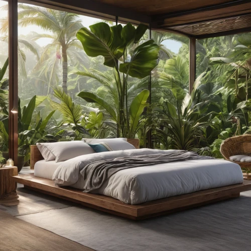 canopy bed,tropical house,tropical jungle,bed in the cornfield,tropical greens,cabana,sleeping room,bedroom window,bedroom,tropics,sleeping pad,tropical island,waterbed,modern room,room divider,bamboo curtain,bedding,loft,great room,green living,Photography,General,Natural
