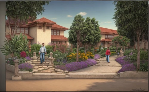 botanical square frame,garden elevation,landscaping,3d rendering,knight village,townhouses,resort town,cottage garden,hacienda,ornamental shrubs,sake gardens,gardens,garden buildings,ornamental plants,monastery garden,lilac arbor,aurora village,palo alto,garden design sydney,landscape design sydney,Common,Common,Natural