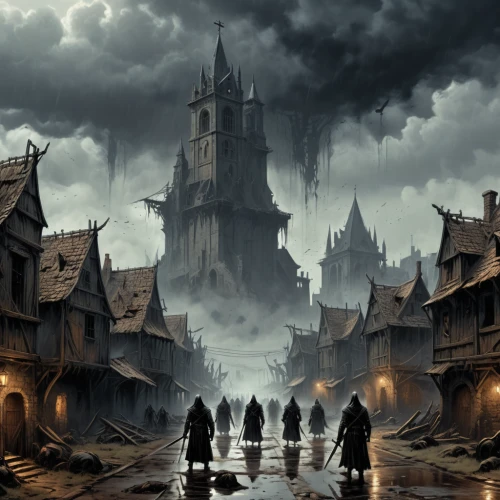 castle of the corvin,medieval town,fantasy city,black city,destroyed city,ancient city,fantasy landscape,fantasy picture,ghost castle,haunted castle,fantasy art,hamelin,haunted cathedral,knight village,heroic fantasy,post-apocalyptic landscape,medieval street,hall of the fallen,medieval architecture,gothic architecture,Conceptual Art,Fantasy,Fantasy 33