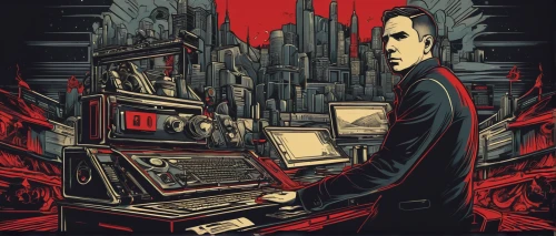 synthesizer,high fidelity,vector illustration,organist,the room,electronic music,old elektrolok,metropolis,composer,dj,vector graphic,adobe illustrator,cyberpunk,vector art,synthesizers,sci fiction illustration,man with a computer,smart album machine,music producer,nord electro,Illustration,Realistic Fantasy,Realistic Fantasy 25