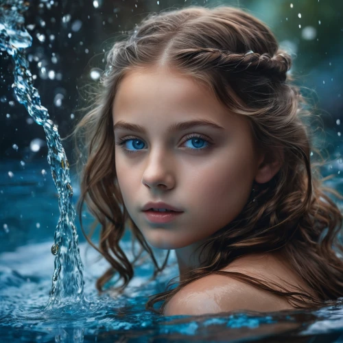 water nymph,mystical portrait of a girl,water forget me not,world digital painting,in water,girl on the river,digital painting,watery heart,water wild,young girl,water rose,water creature,photoshoot with water,flowing water,blue eyes,fantasy portrait,child portrait,pool of water,girl portrait,little girl fairy,Photography,General,Fantasy