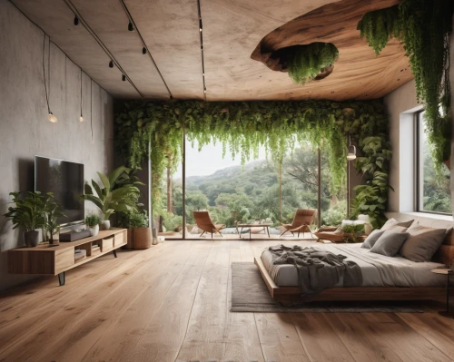 living room,livingroom,tropical house,hardwood floors,wooden floor,wood floor,modern living room,green living,wood flooring,modern room,modern decor,wooden planks,interior design,apartment lounge,beautiful home,house plants,sitting room,smart home,bamboo curtain,tree house,Photography,General,Natural