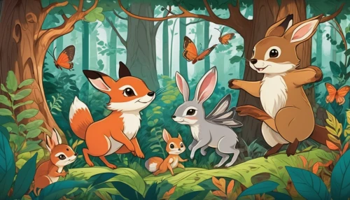 woodland animals,cartoon forest,forest animals,rabbit family,forest background,birch family,fall animals,in the forest,happy children playing in the forest,rabbits and hares,rabbits,children's background,pine family,squirrels,forest walk,bunnies,buckthorn family,kids illustration,ivy family,fox stacked animals,Illustration,Japanese style,Japanese Style 07