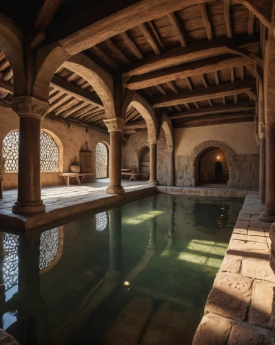 roman bath,spa,pool house,floor fountain,alcazar,thermal bath,medieval architecture,swimming pool,alhambra,hotel de cluny,moated,luxury bathroom,day-spa,thermae,baths,bath,moated castle,water castle,aqua studio,pool bar,Photography,General,Natural