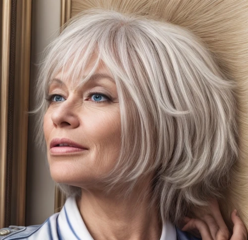 aging icon,silver fox,short blond hair,silvery,silvery blue,sigourney weave,tilda,blanche,cruella de ville,layered hair,grey fox,mags,asymmetric cut,gray color,portrait of christi,management of hair loss,born in 1934,silver,menopause,wig,Common,Common,Commercial