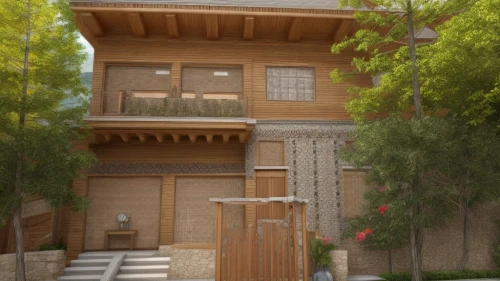 build by mirza golam pir,wooden house,residential house,3d rendering,small house,persian architecture,wooden facade,asian architecture,garden elevation,traditional house,apartment house,iranian architecture,model house,private house,two story house,house entrance,house front,render,apartment building,wooden houses,Common,Common,Natural