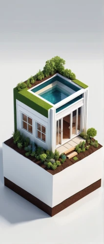 grass roof,pool house,cubic house,3d rendering,floating island,dug-out pool,cube house,3d render,modern house,isometric,render,miniature house,roof landscape,greenhouse,bonsai,3d model,roof top pool,landscaping,floating islands,tropical house,Unique,3D,Isometric