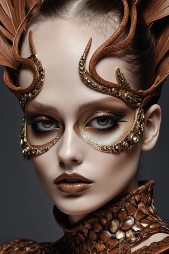 venetian mask,the carnival of venice,fashion illustration,masquerade,filigree,drusy,biomechanical,gold mask,golden mask,medusa,artificial hair integrations,eyes makeup,body jewelry,steampunk,faun,headdress,gold filigree,painted lady,feline look,fashion design,Photography,Fashion Photography,Fashion Photography 01