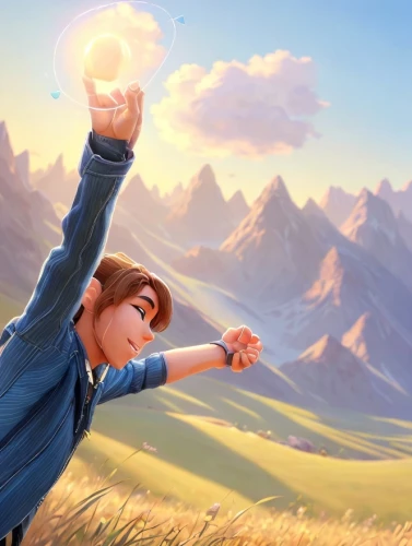 the spirit of the mountains,flying dandelions,throwing a ball,raise,cg artwork,dandelion flying,visual effect lighting,lens flare,digital compositing,bright sun,sunburst background,praise,throwing,magical adventure,3d fantasy,magical,grindelwald,angel moroni,throwing star,lensball,Common,Common,Cartoon